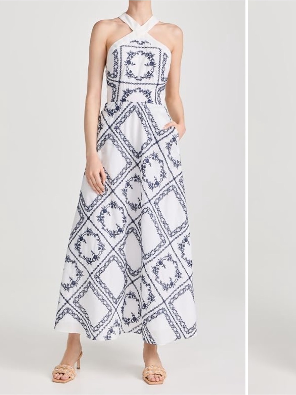 Charina Sarte White & Navy Cross-Back Maxi Dress
